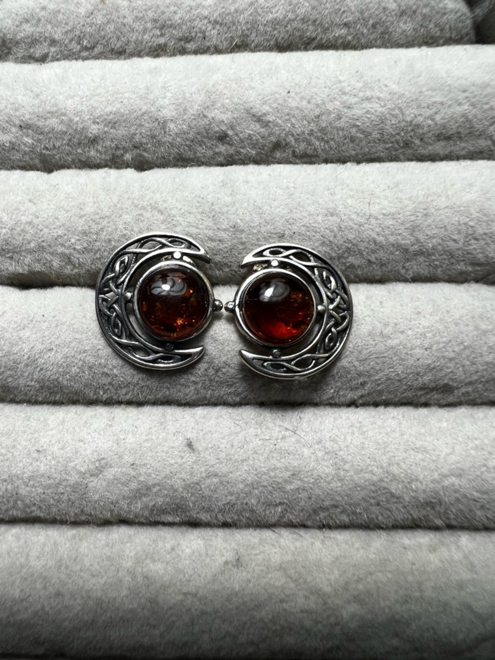 Celtic Crescent Amber Cabochon Earrings- Silver